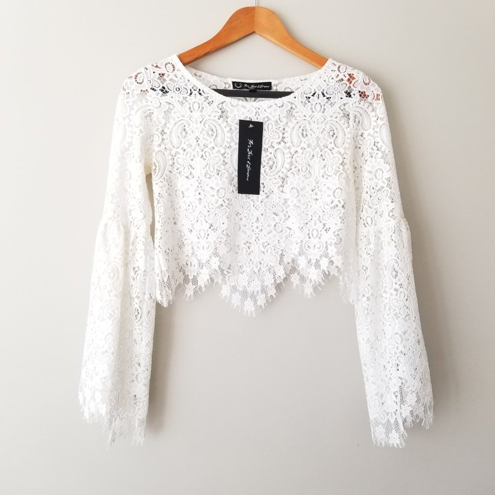 For Love and Lemons Vika lace bell sleeve top crop xs
